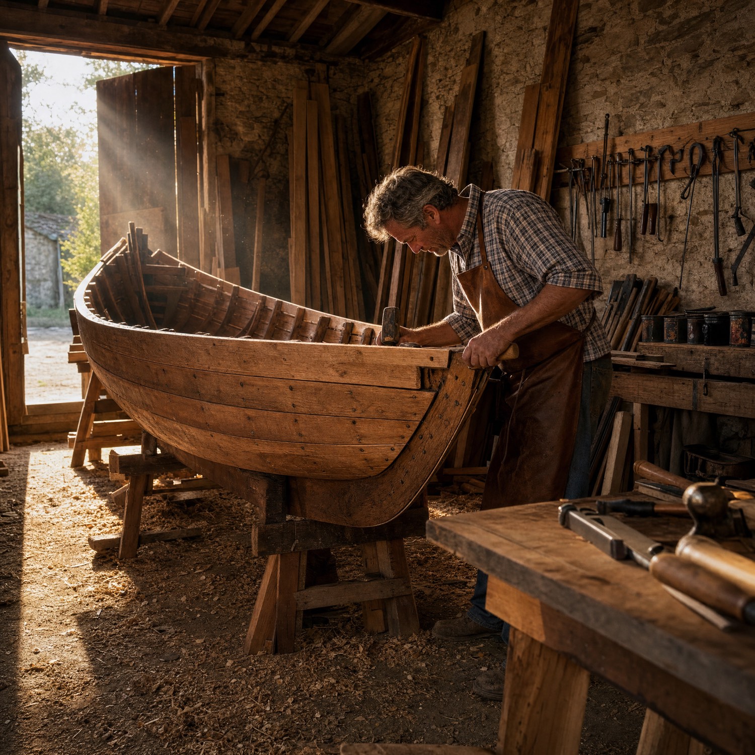 Artisan retraité au travail sur une membrure de chêne dans l'atelier du port du lac, premières lumières du matin