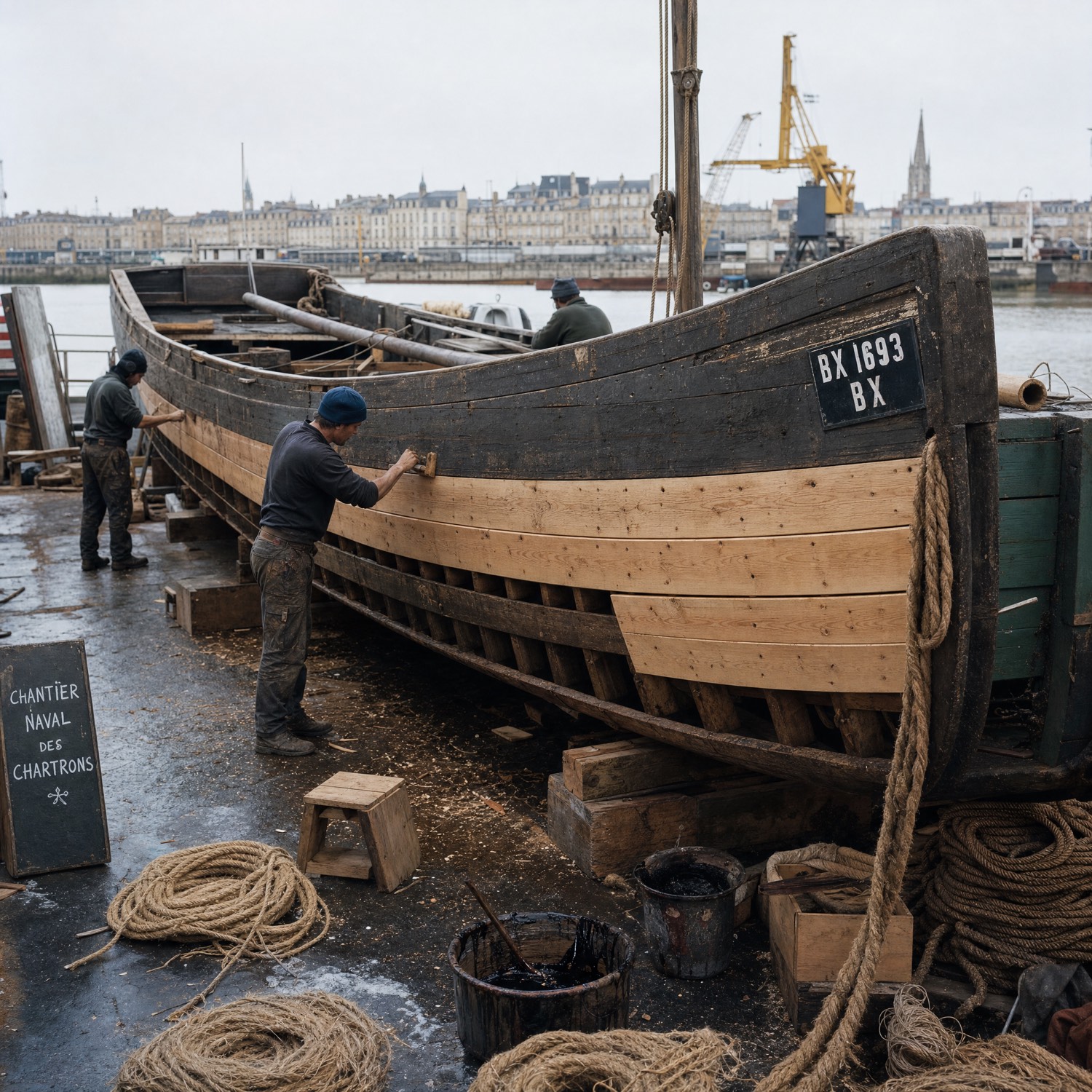 Restauration d'une pinasse — artisans dans l'atelier du port